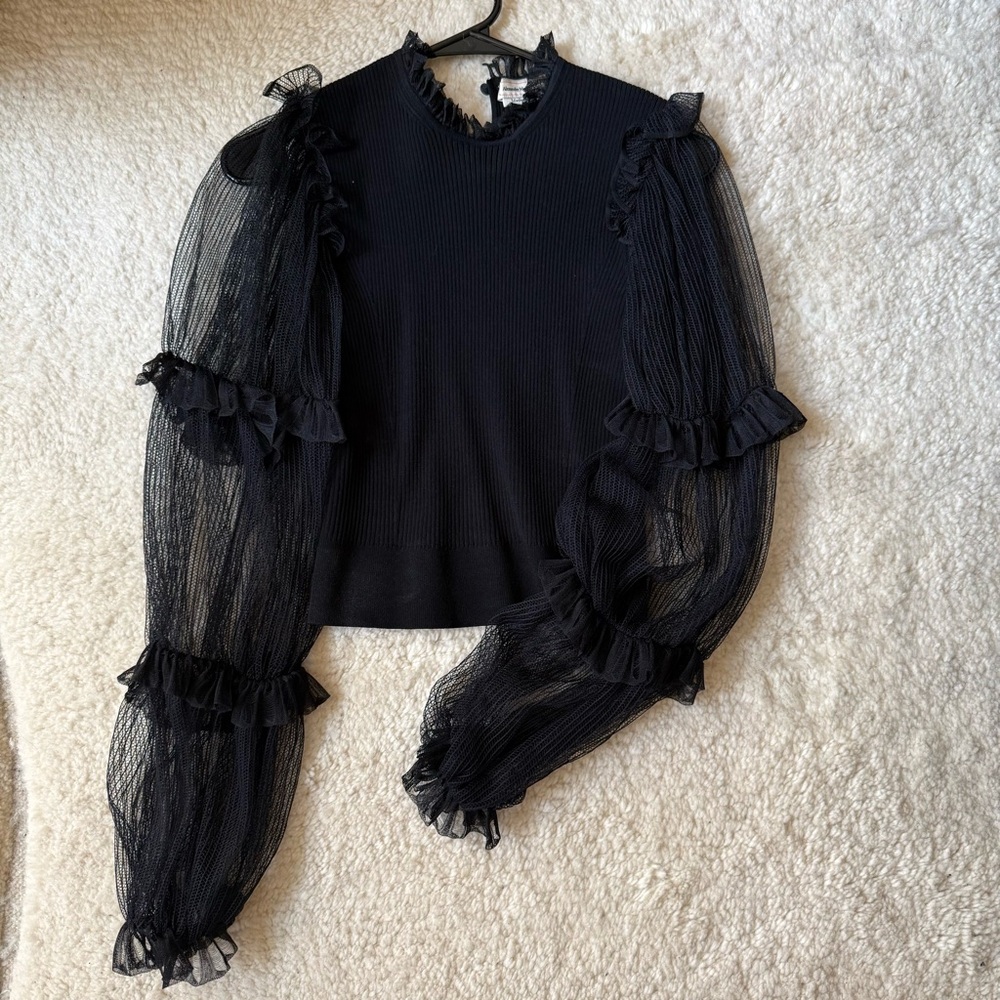 Alexander McQueen Black Ribbed Knit Statement Top with Sheer Tulle Sleeves